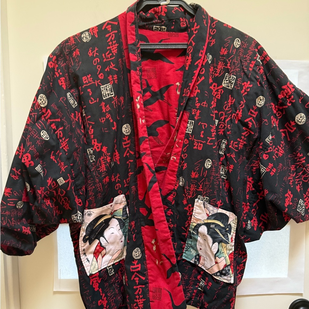 Graphic Cotton Quilted Black and Red Kimono Jacket completely reversible